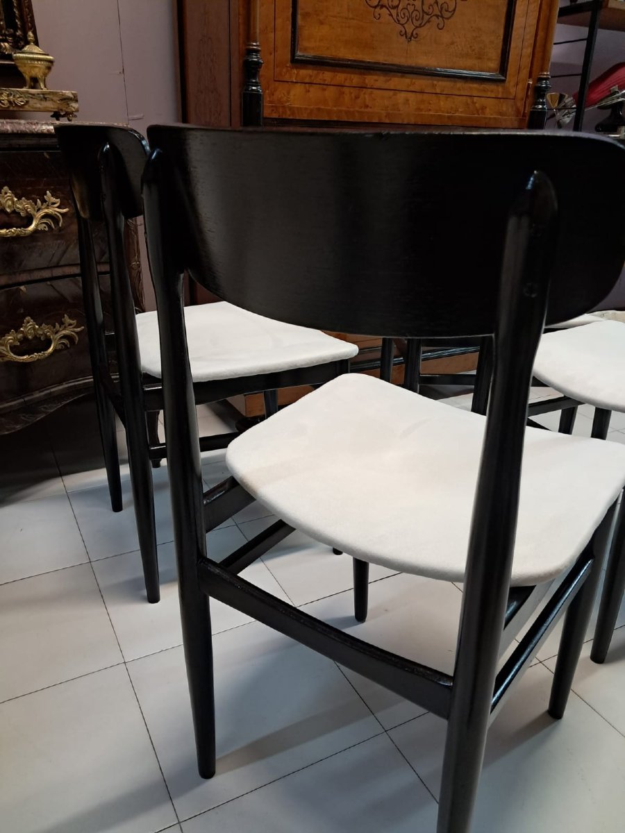 N° 4 chaises en bois de rose teinté noir et assise en coton blanc-photo-3