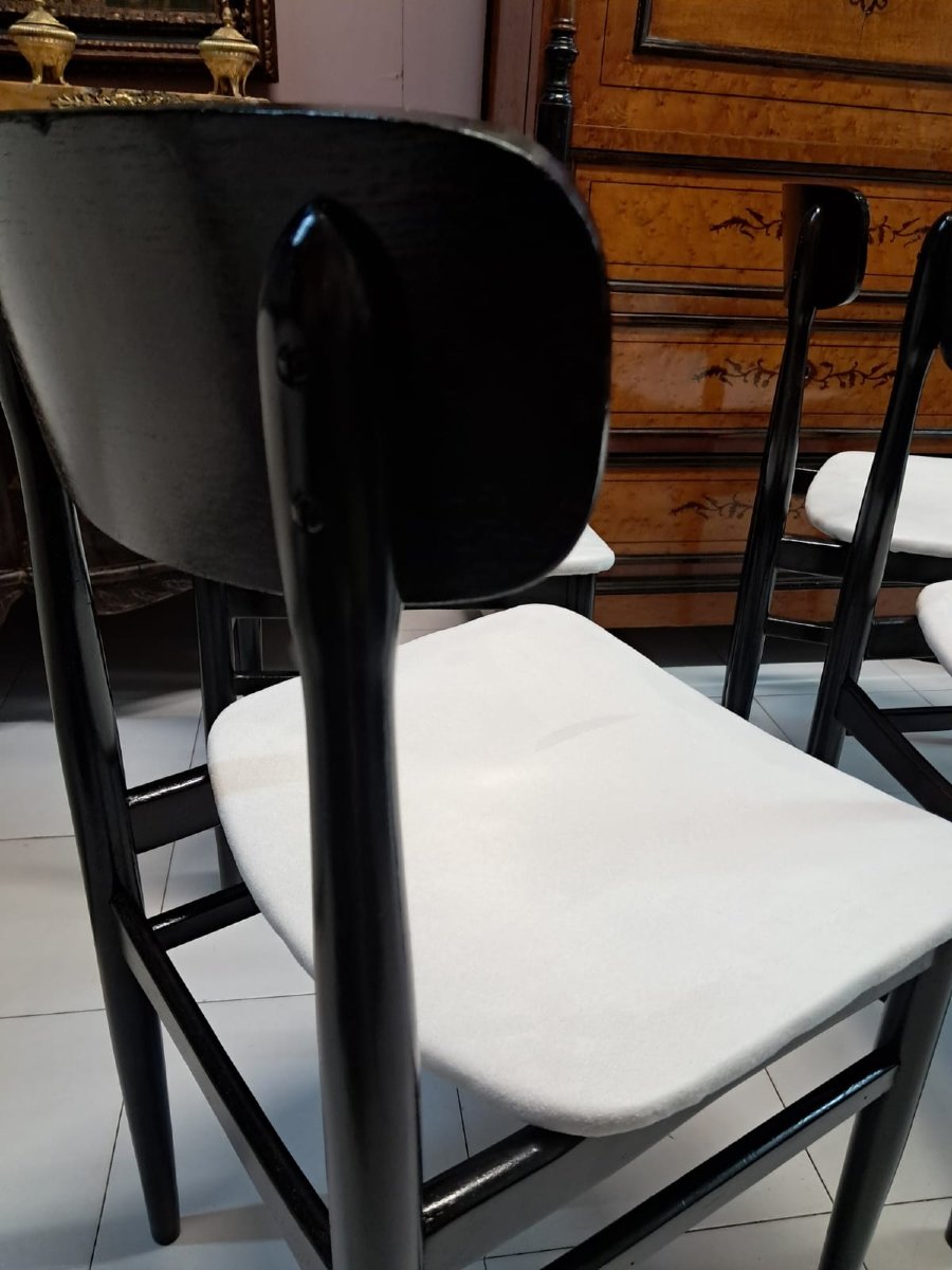 N° 4 chaises en bois de rose teinté noir et assise en coton blanc-photo-4