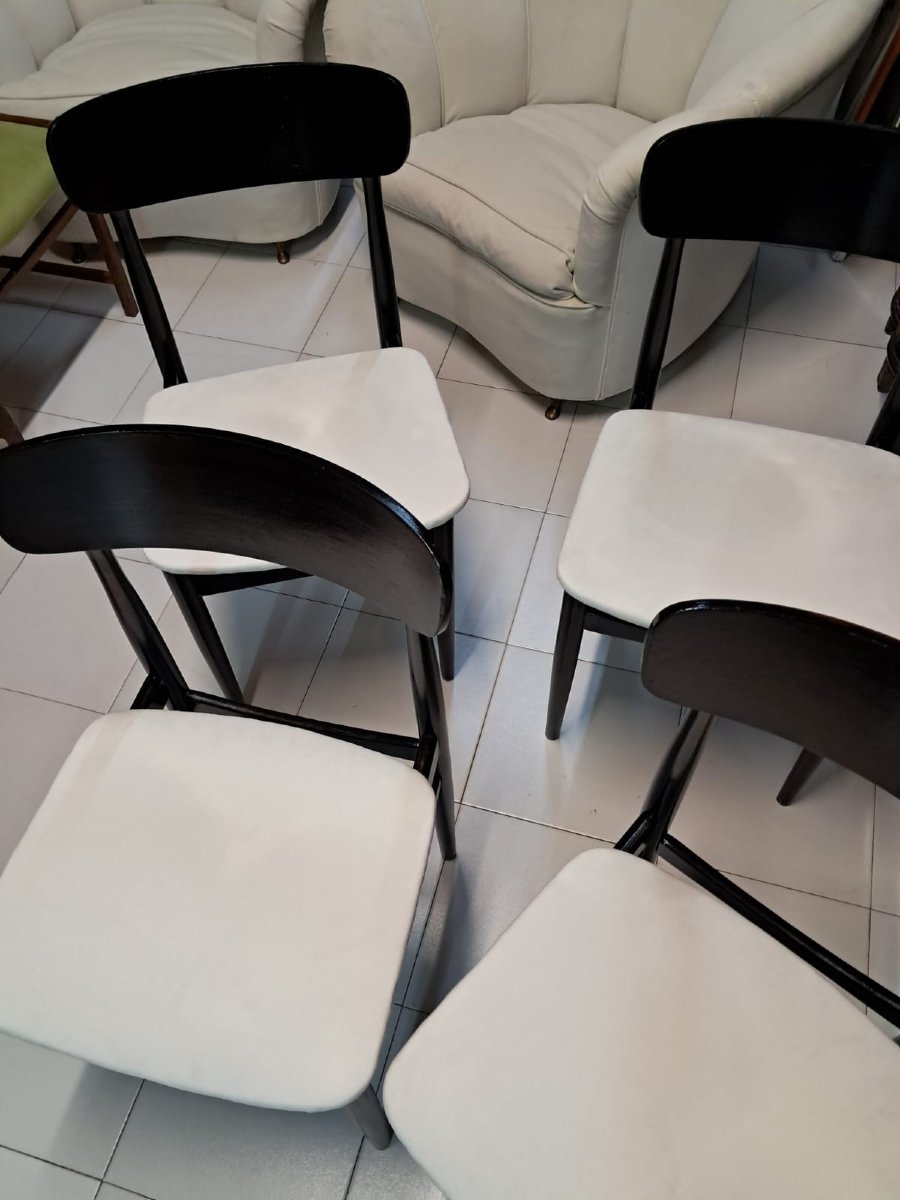 N° 4 chaises en bois de rose teinté noir et assise en coton blanc-photo-1