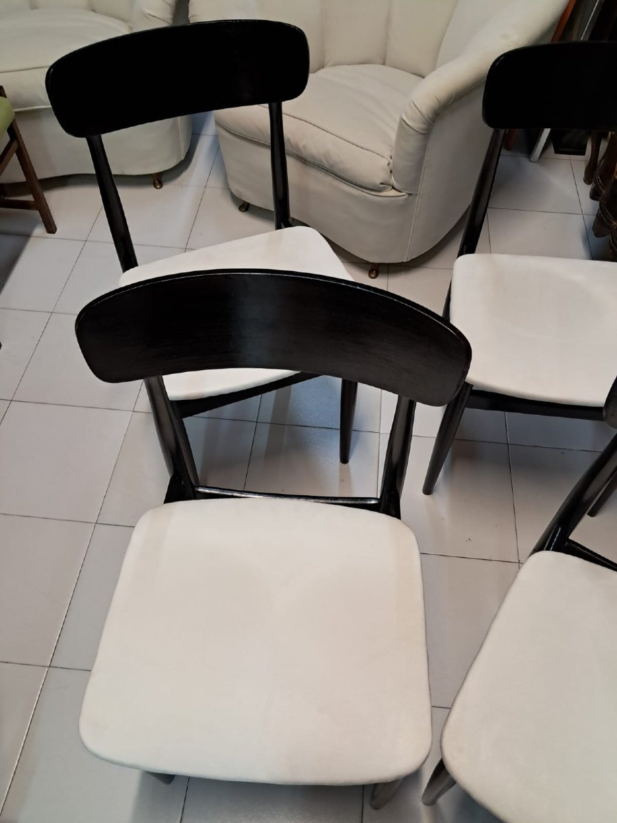 N° 4 chaises en bois de rose teinté noir et assise en coton blanc-photo-2