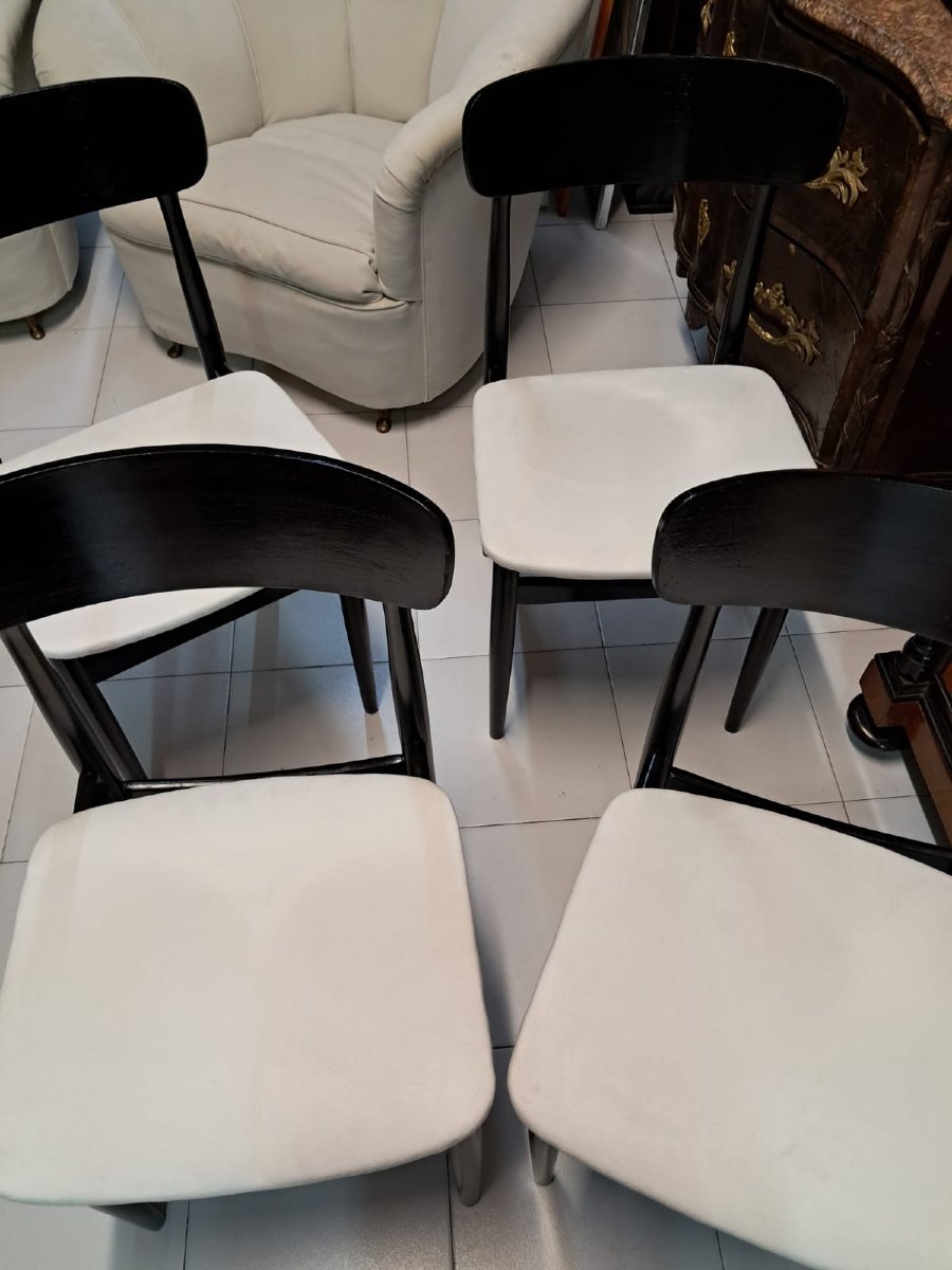 N° 4 chaises en bois de rose teinté noir et assise en coton blanc-photo-3