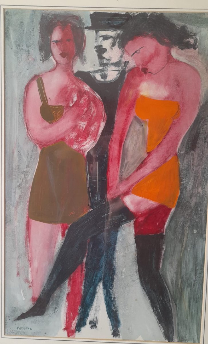 Peinture à l'huile sur toile représentant des personnages, signée Papotto-photo-4