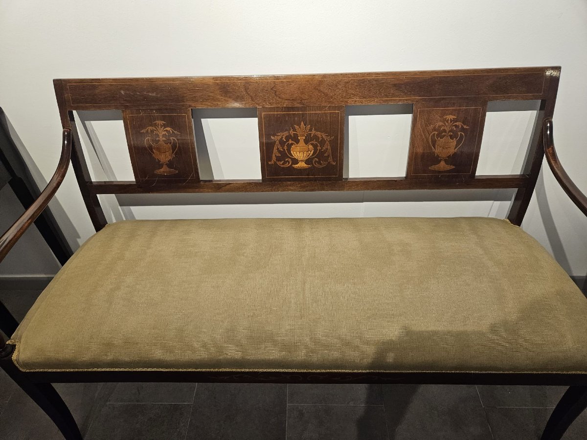 Banc en noyer marqueté, début des années 1900-photo-1