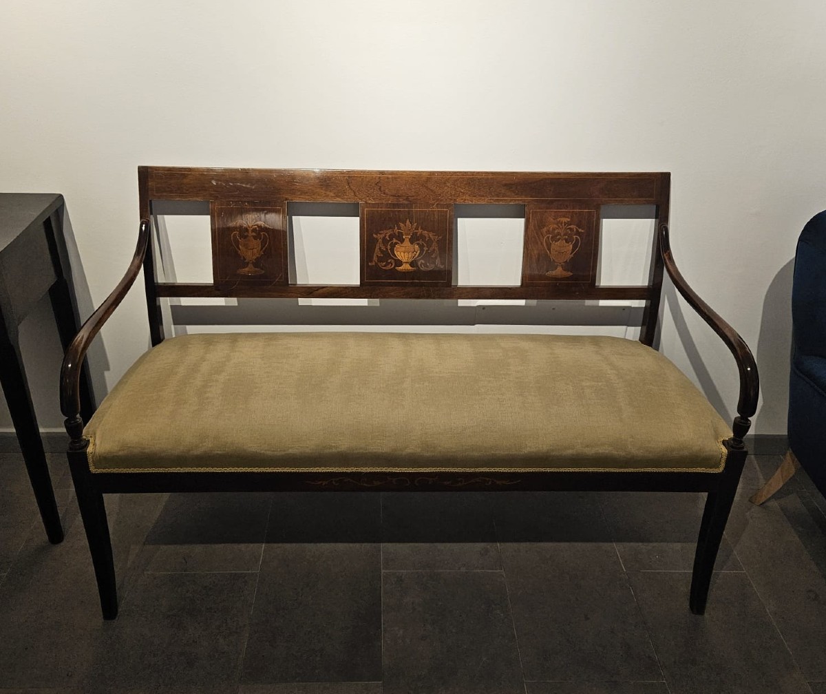 Banc en noyer marqueté, début des années 1900