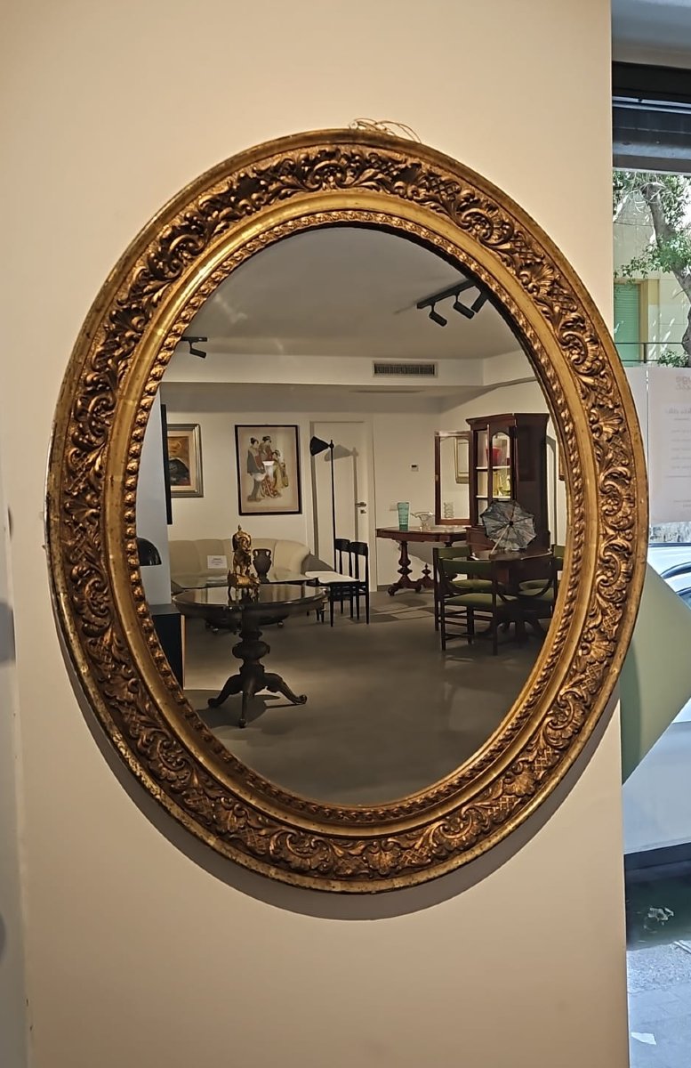 Miroir ovale en bois doré et sculpté-photo-4