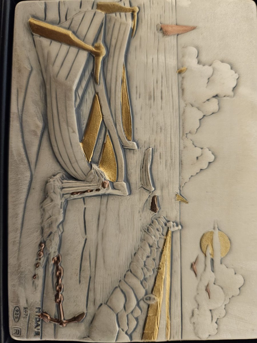 Bas-relief sur plaque d'argent peinte à la main-photo-3