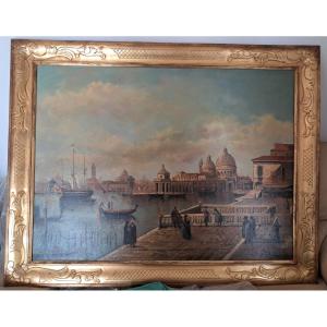 Beautiful Oil Painting On Canvas Depicting The Venetian Lagoon And Punta Della Dogana, Venice