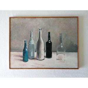 Peinture à l'huile sur toile représentant n. 5 bouteilles