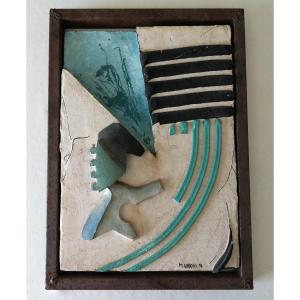 Oeuvre en bas-relief avec technique mixte avec colle de ciment, tempera acrylique et fer 