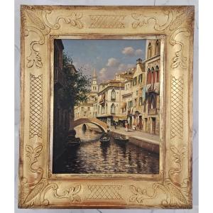 Oil Painting On Canvas, Depicting A View Of A Venetian Canal