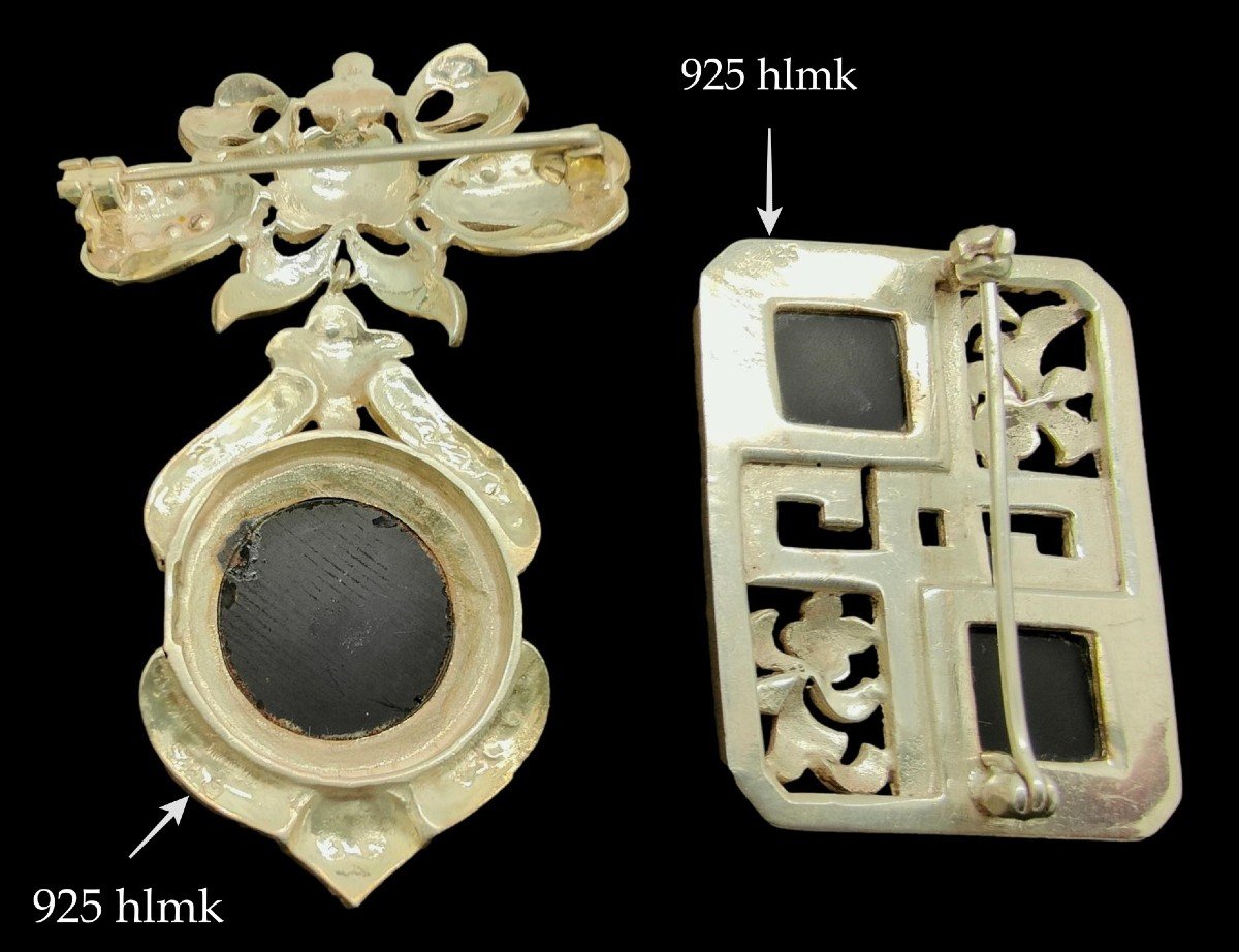 Two Vintage Sterling Silver Art Deco Revival Style Marcasite And Onyx Set Brooches. -photo-2