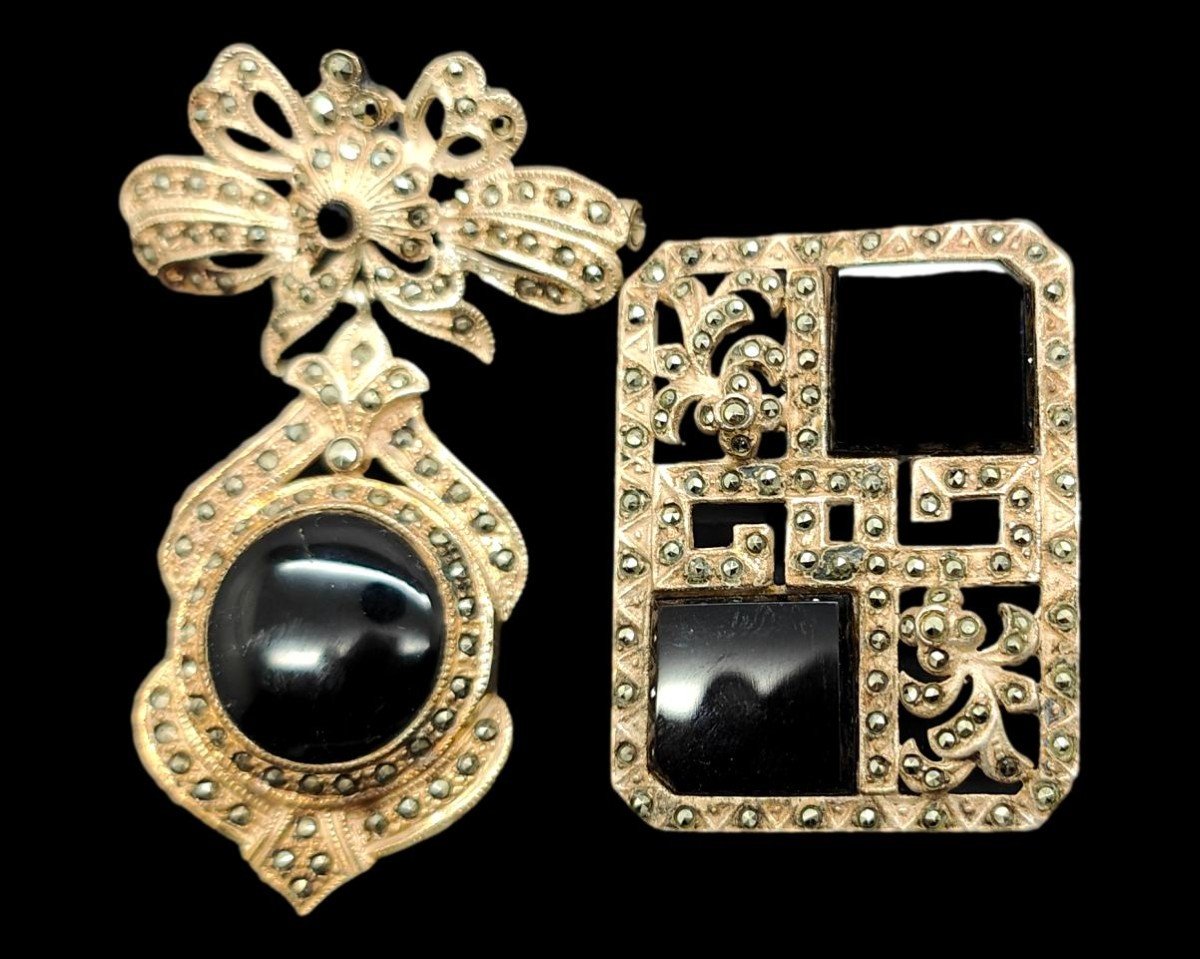 Two Vintage Sterling Silver Art Deco Revival Style Marcasite And Onyx Set Brooches. 