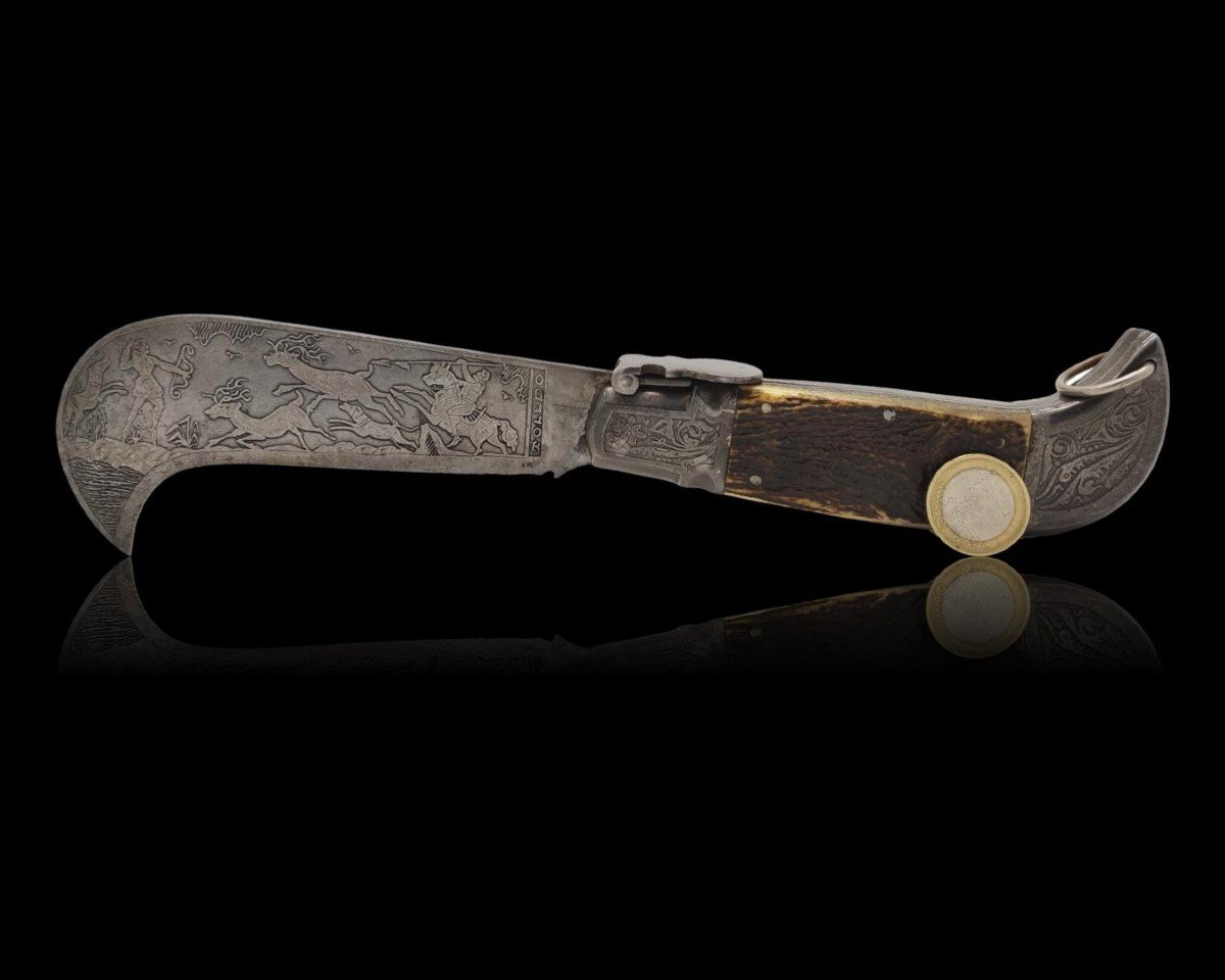 Ancien Couteau Serpette Espagnol De Toledo Lame Et Mitres Gravèe. C1870-photo-2