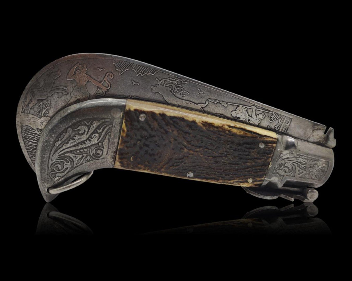 Ancien Couteau Serpette Espagnol De Toledo Lame Et Mitres Gravèe. C1870-photo-3