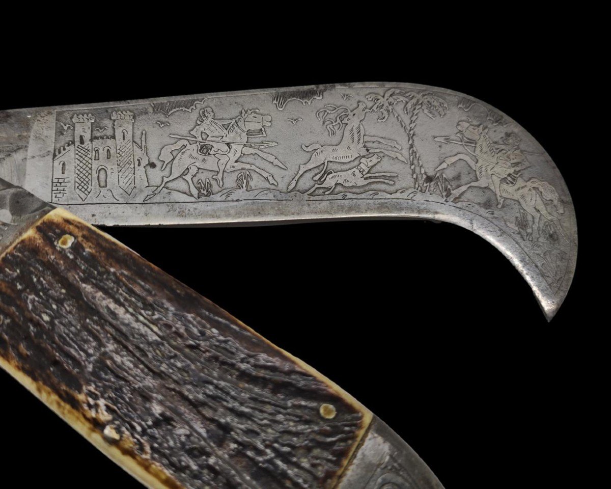 Ancien Couteau Serpette Espagnol De Toledo Lame Et Mitres Gravèe. C1870-photo-1