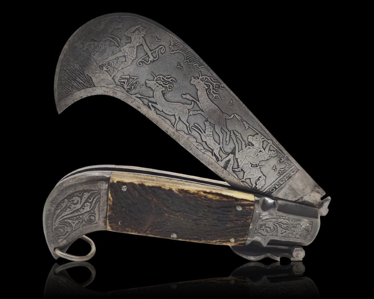 Ancien Couteau Serpette Espagnol De Toledo Lame Et Mitres Gravèe. C1870