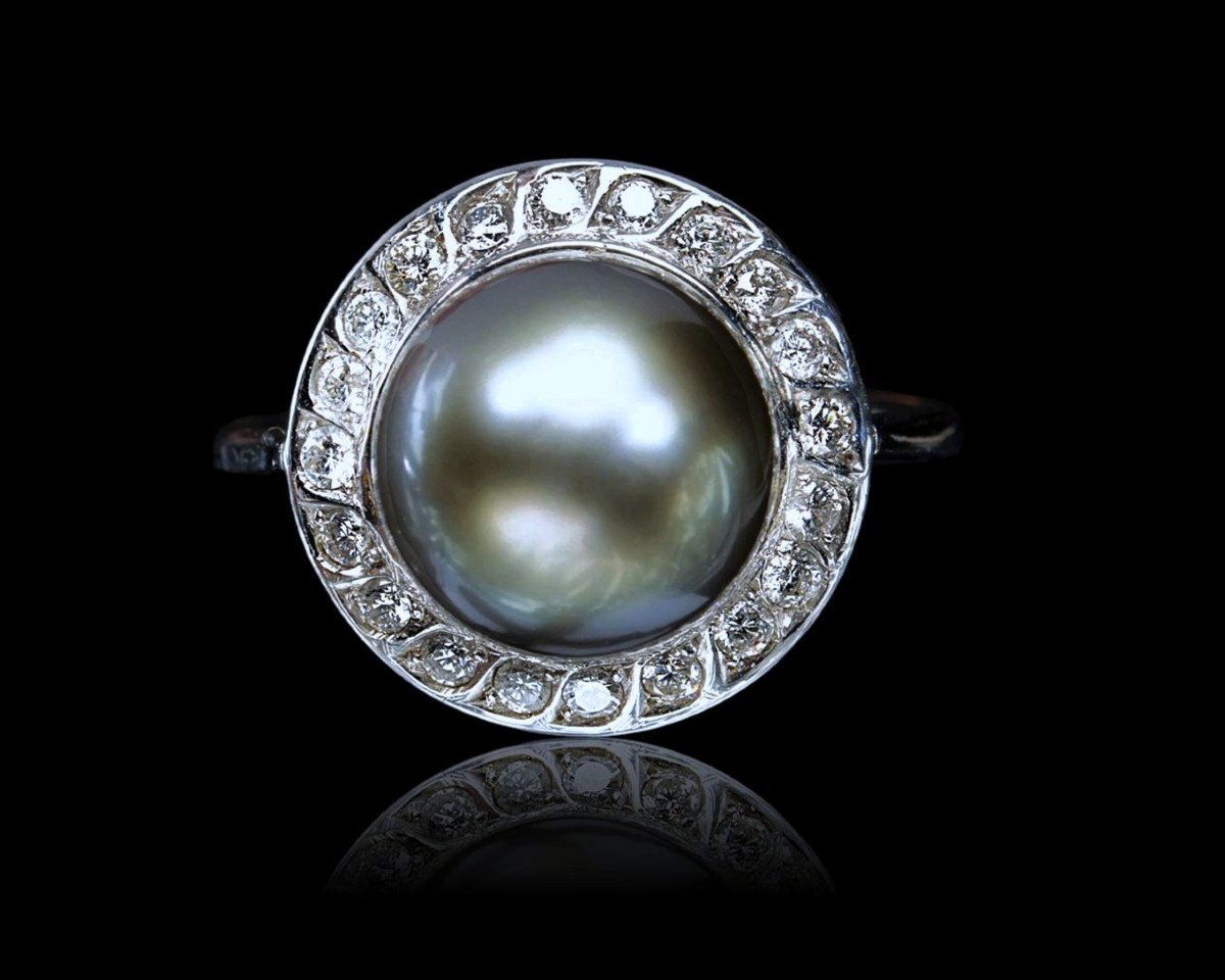 Bague en or gris 18Kt sertie d'une Perle de Tahiti  et Diamants, Des Années 1950/60-photo-3