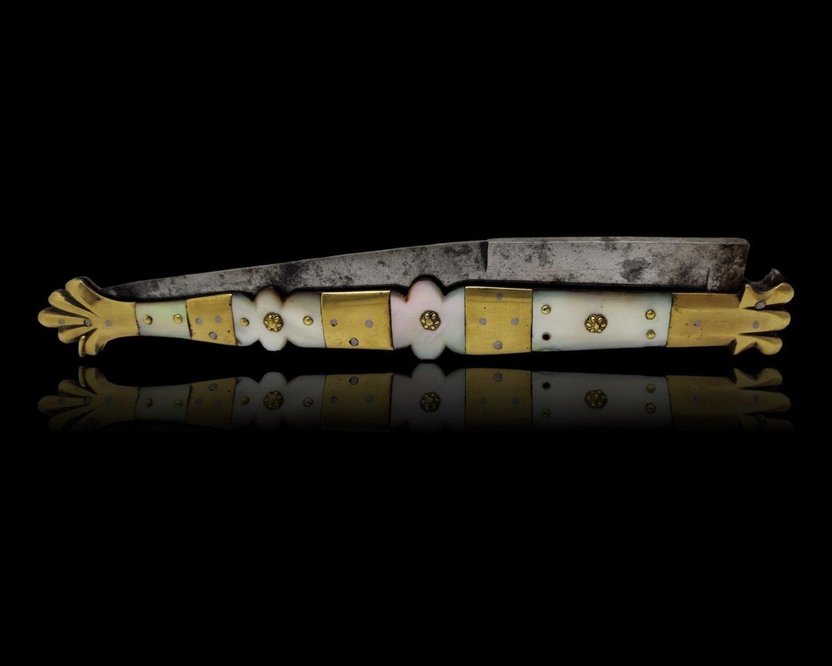 Ancien Couteau Pliant Navaja De Zaragoza Manche Nacre Et Laiton 