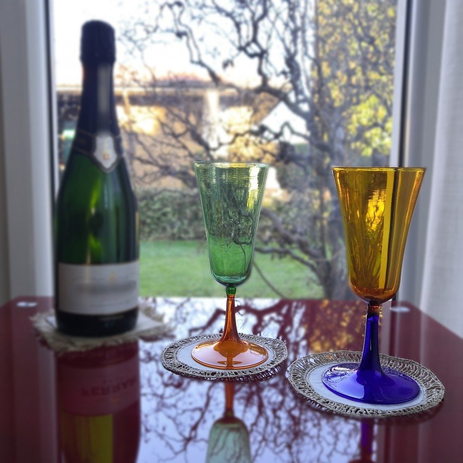 Couple Of Lampworked Flute Wine / Sparkling Wine Murano Glasses-photo-2