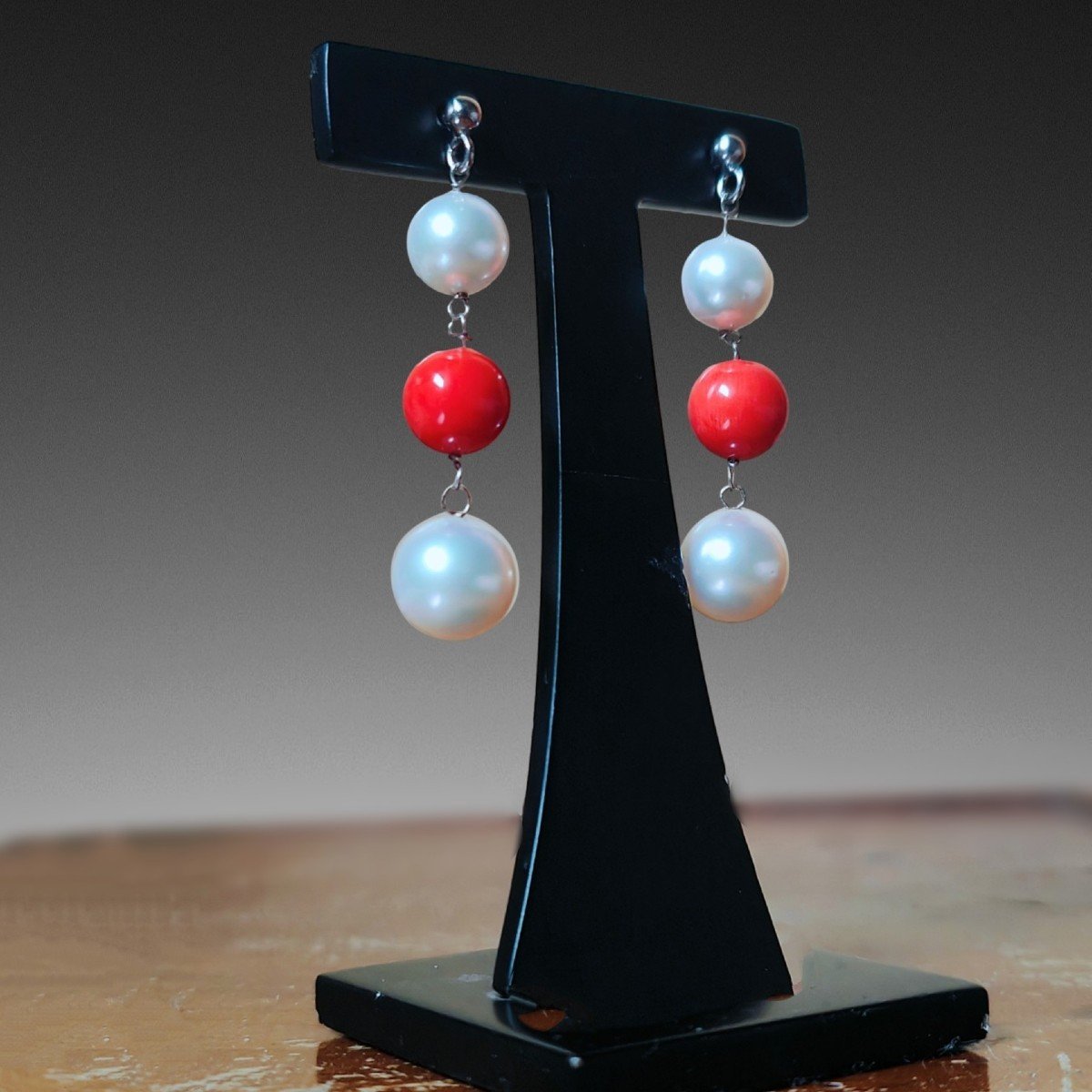  18kt White Gold, South Sea Pearl & Coral Drop Earrings-photo-2