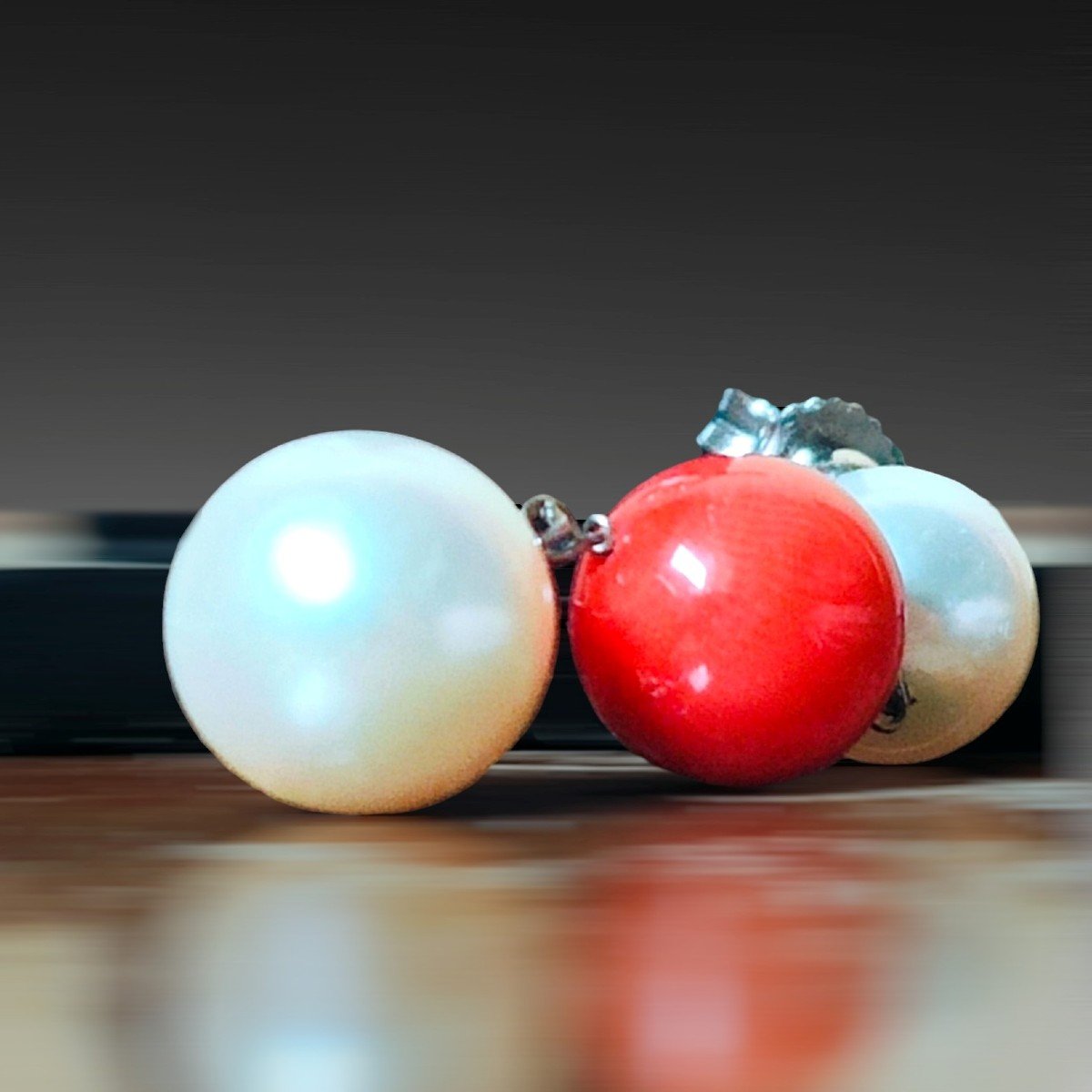  18kt White Gold, South Sea Pearl & Coral Drop Earrings-photo-3