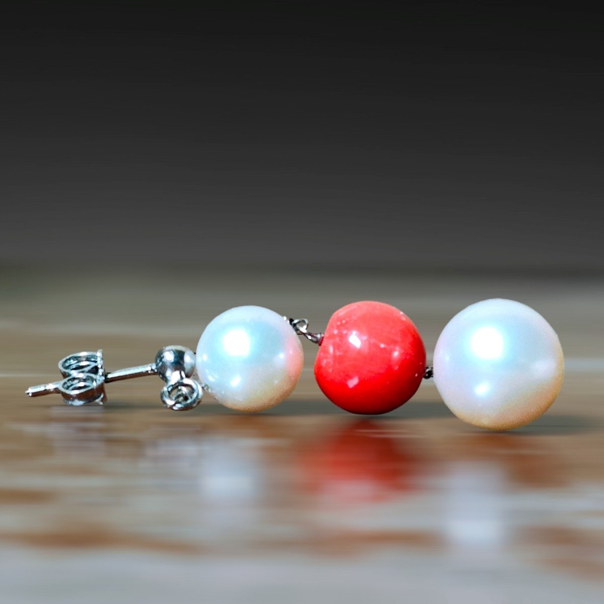  18kt White Gold, South Sea Pearl & Coral Drop Earrings-photo-4