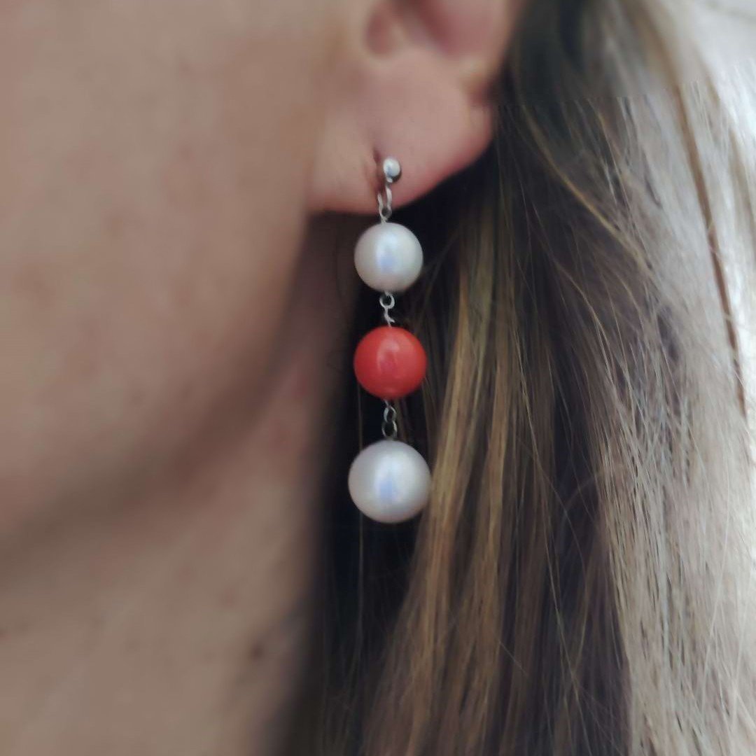  18kt White Gold, South Sea Pearl & Coral Drop Earrings-photo-1