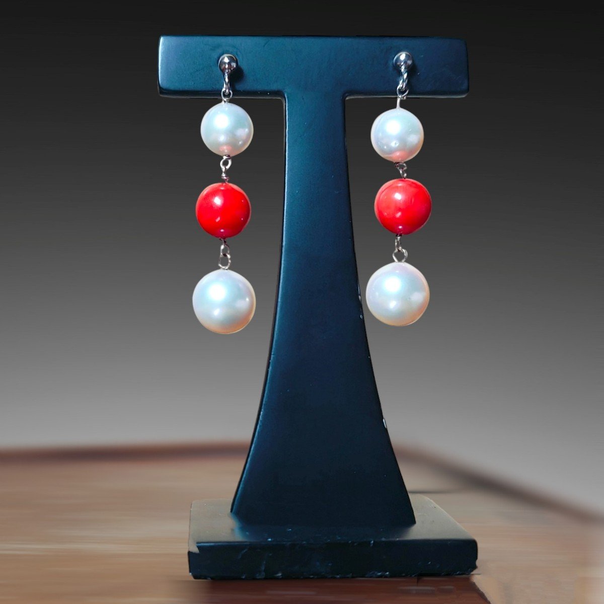  18kt White Gold, South Sea Pearl & Coral Drop Earrings-photo-2