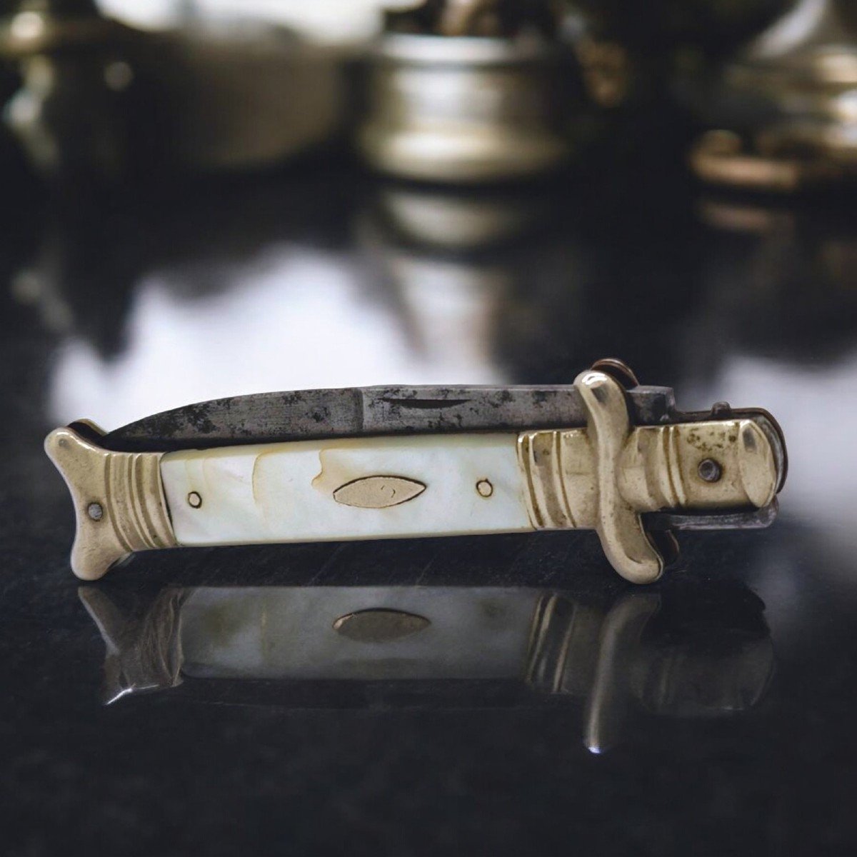 Ancien Couteau Dague Pliant En Nacre, Liege Vers 1850.-photo-2