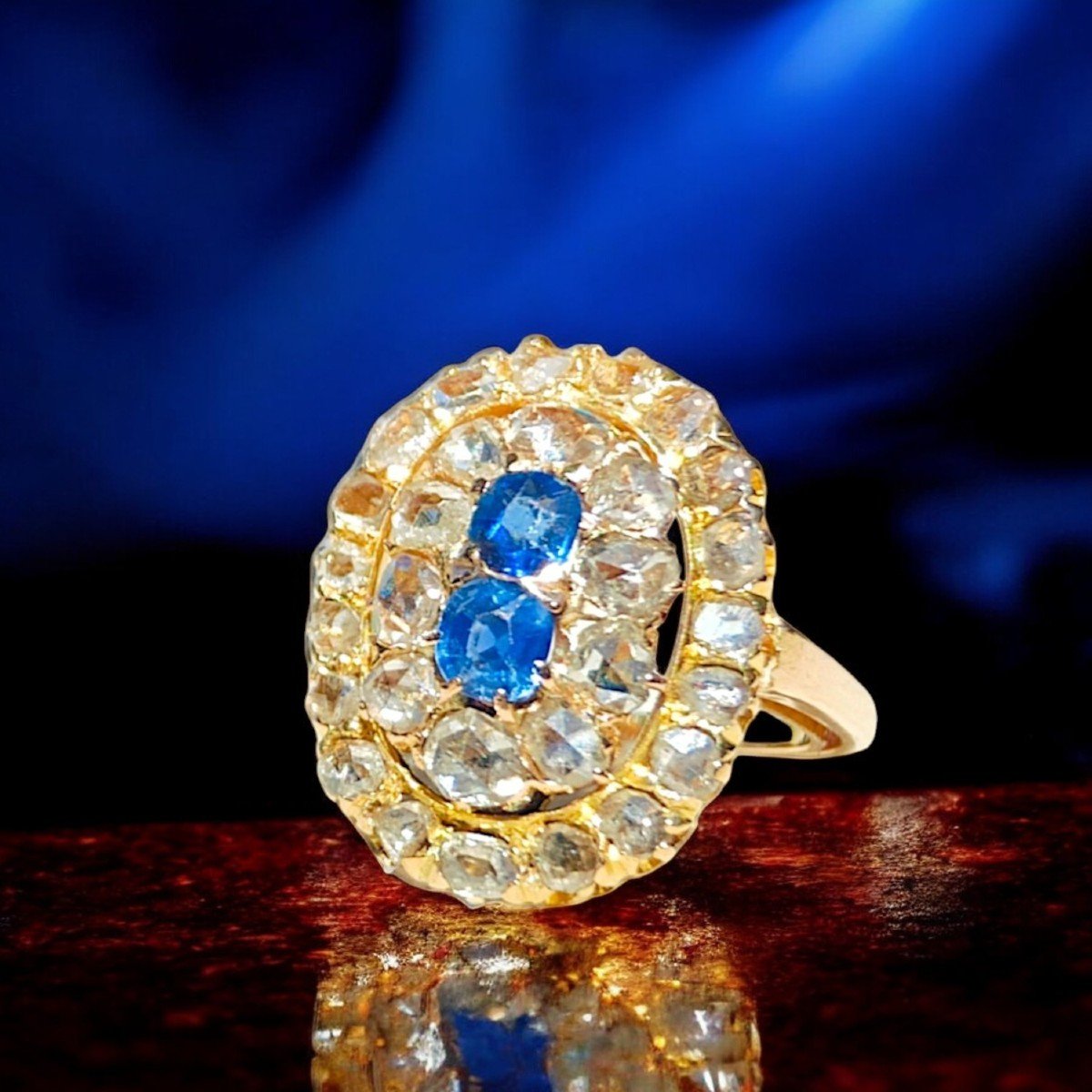 Bague Dèbut 1900 En Or Rose 18kt, Diamant Et Sapphires-photo-3
