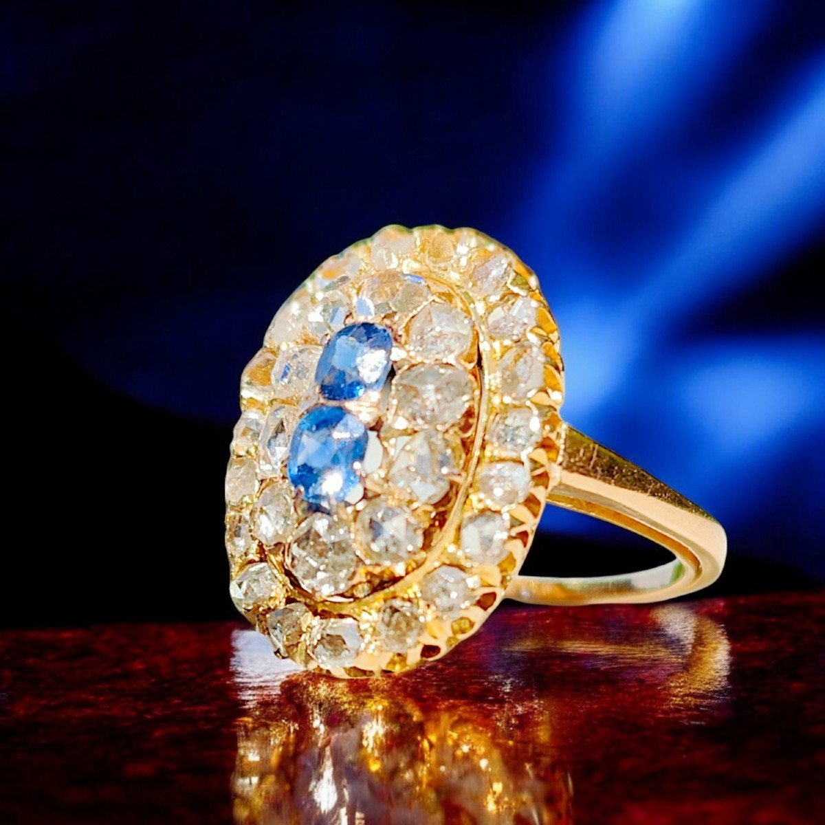 Bague Dèbut 1900 En Or Rose 18kt, Diamant Et Sapphires