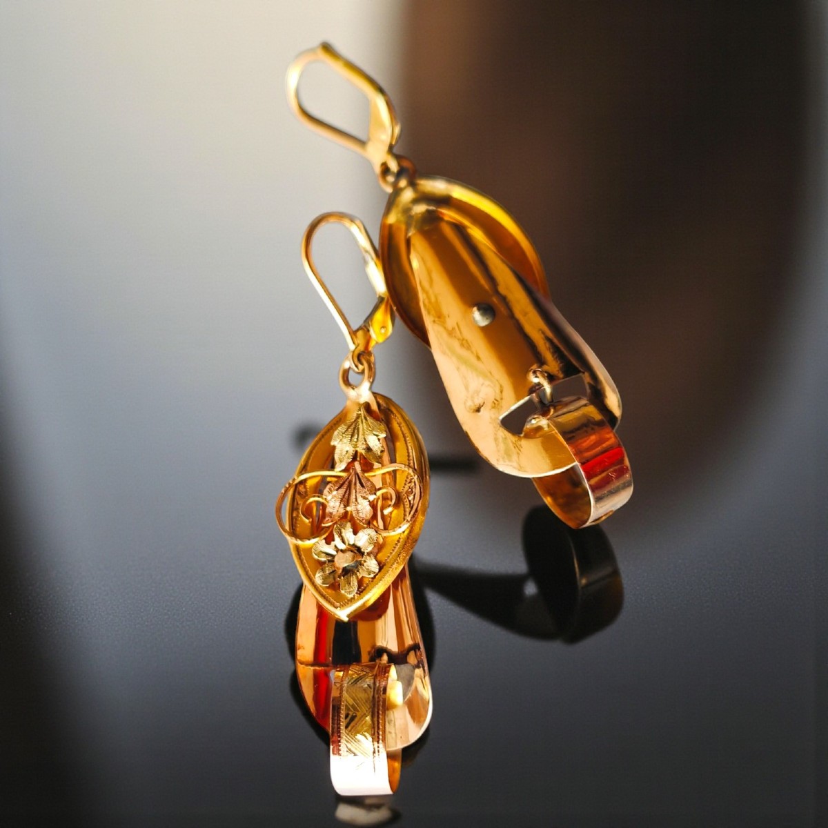 Boucles d'Oreilles Dormeuses En Or Trois Couleurs. Travail Italien  1840-70-photo-2