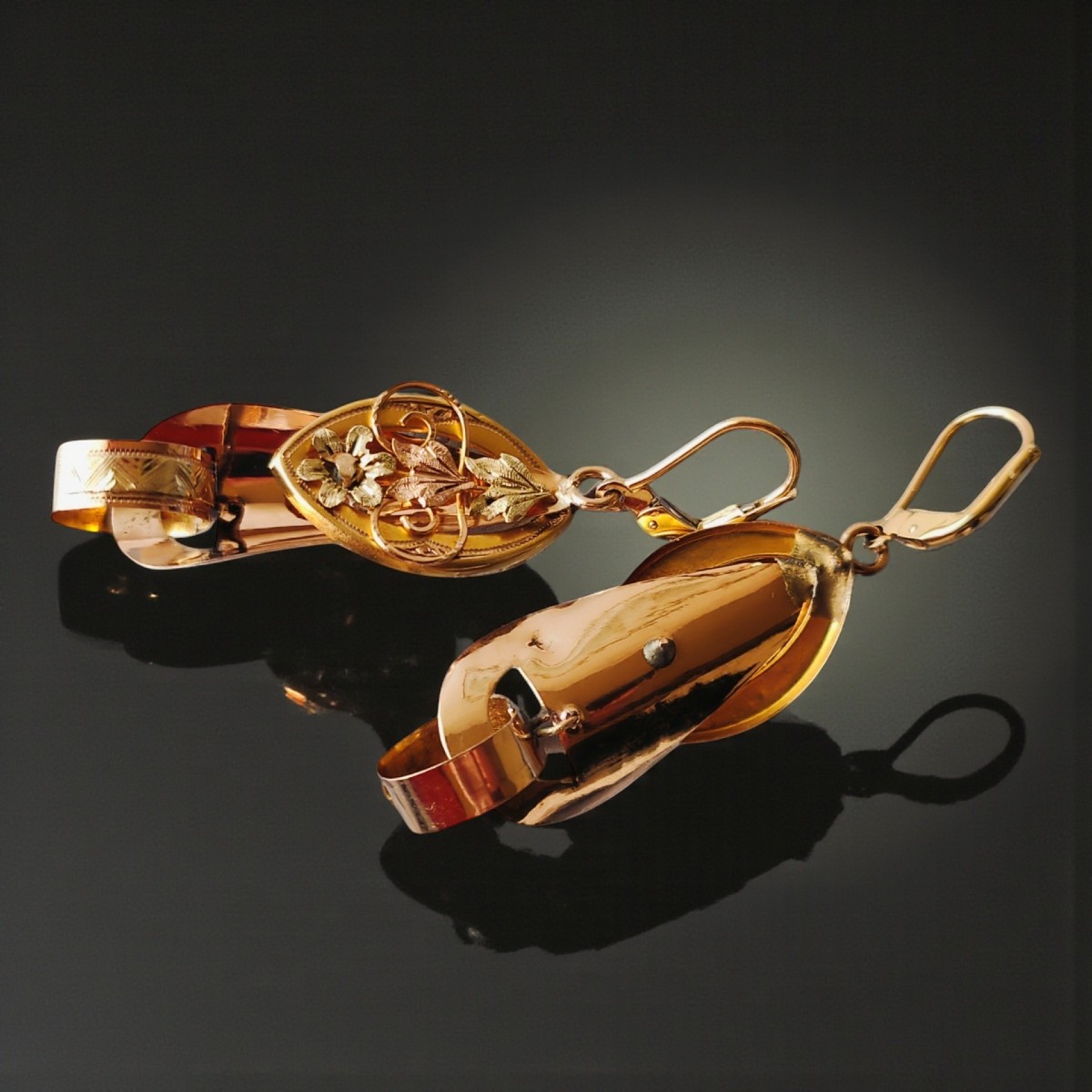 Boucles d'Oreilles Dormeuses En Or Trois Couleurs. Travail Italien  1840-70-photo-4