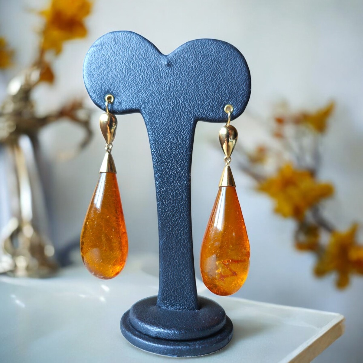 Boucles Pendants d'Oreilles Vintage En Ambre Miel Et Or 18kt