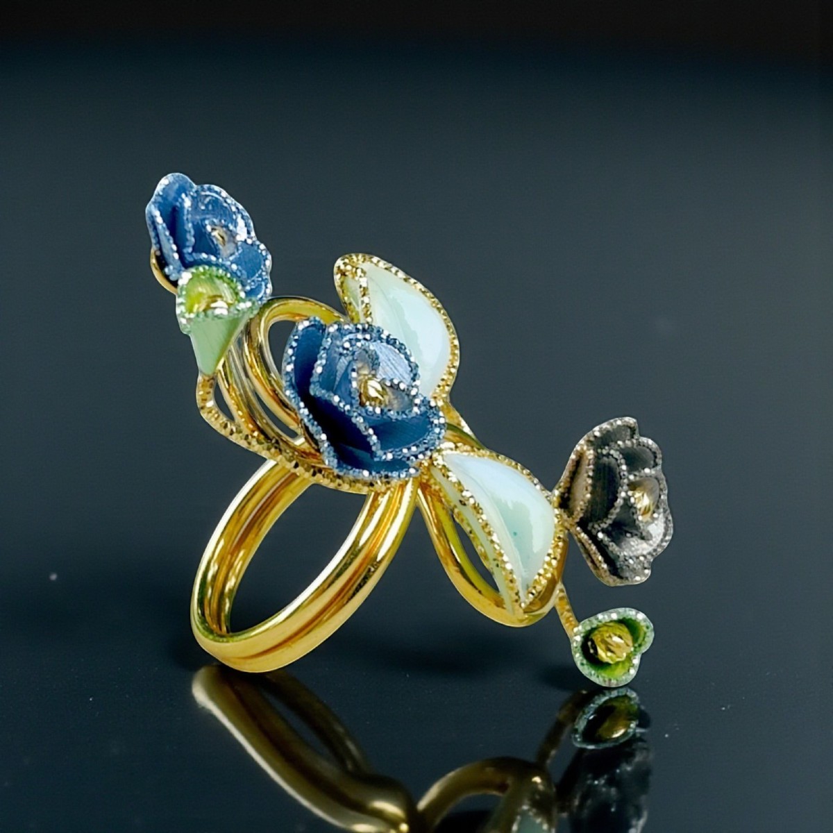 18kt Gold & Enamel Full Finger Floral Ring-photo-3