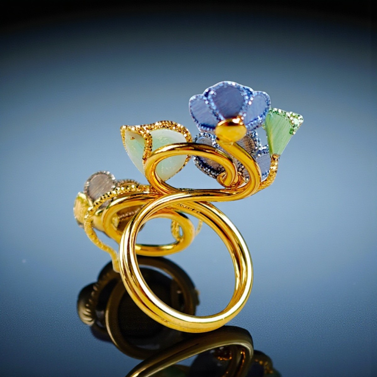 18kt Gold & Enamel Full Finger Floral Ring-photo-1