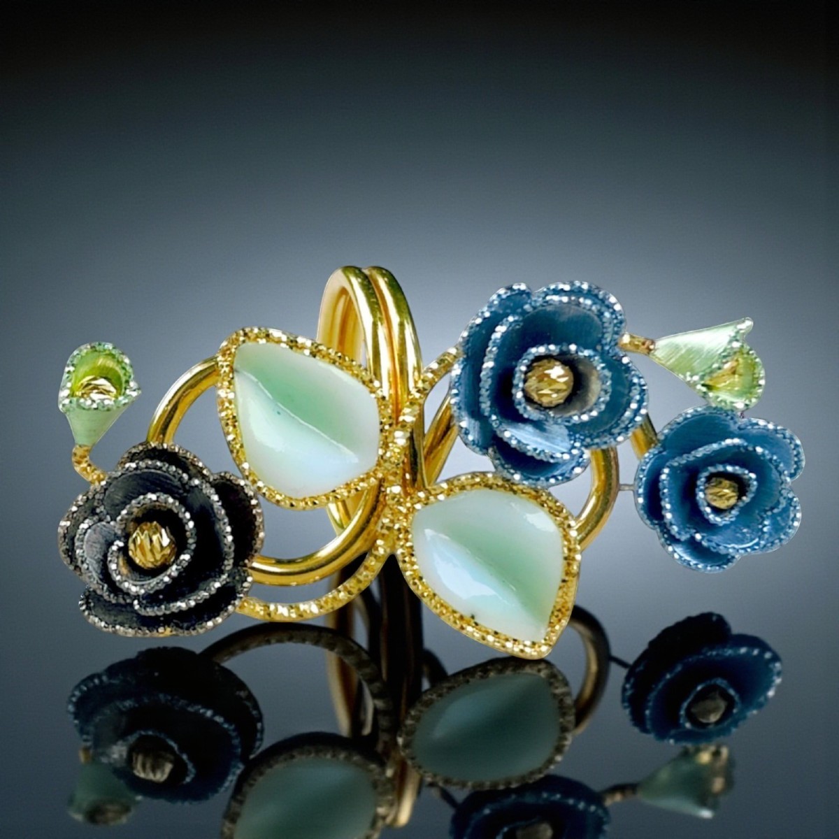 18kt Gold & Enamel Full Finger Floral Ring
