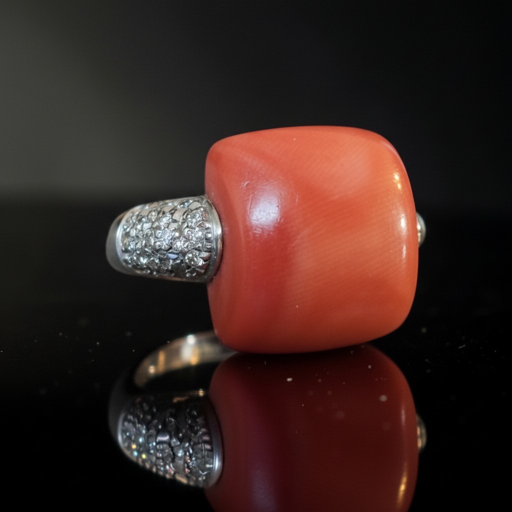 Bague en Or Blanc 18 Carats avec Corail Saumon et Diamants-photo-4