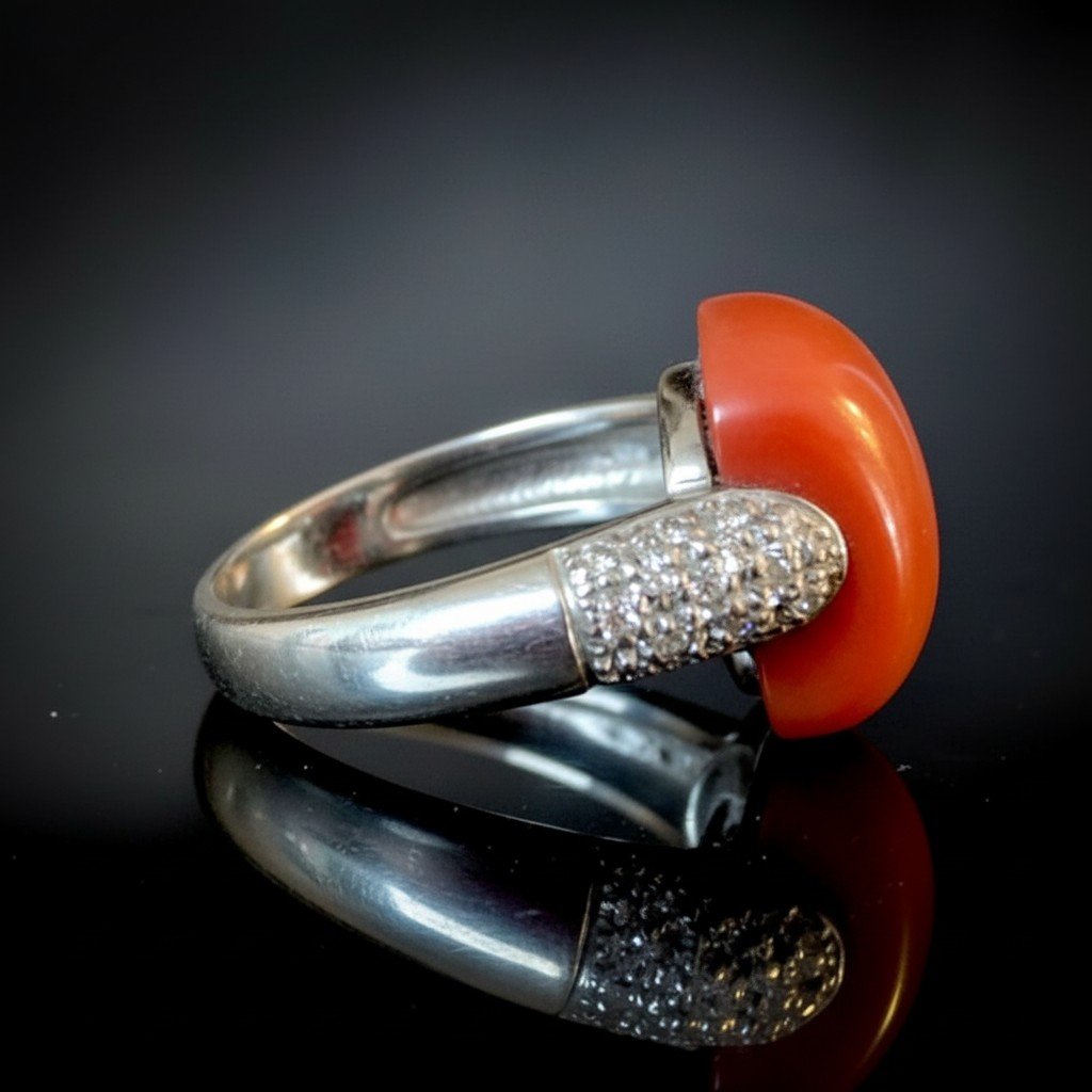 Bague en Or Blanc 18 Carats avec Corail Saumon et Diamants-photo-1