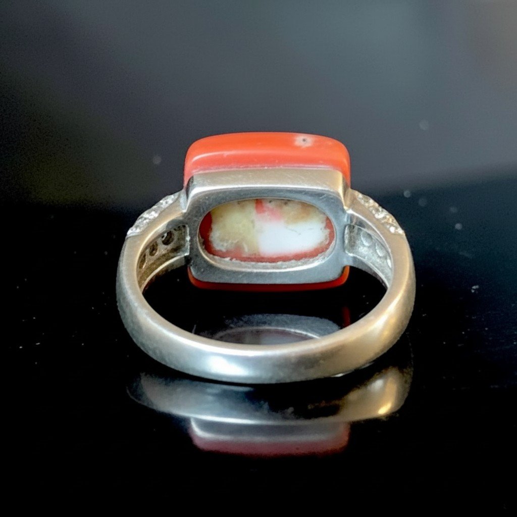 Bague en Or Blanc 18 Carats avec Corail Saumon et Diamants-photo-3