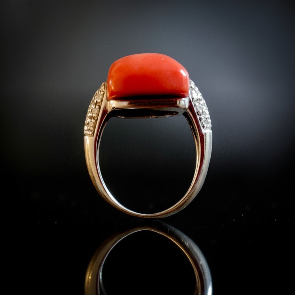 Bague en Or Blanc 18 Carats avec Corail Saumon et Diamants-photo-4