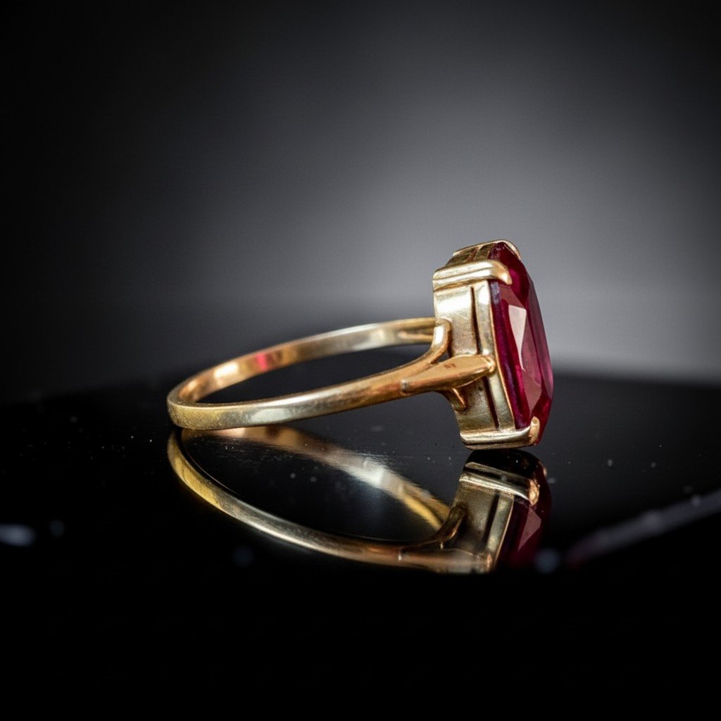 1960s: 18k Yellow Gold Ring With Faceted Synthetic Ruby-photo-3