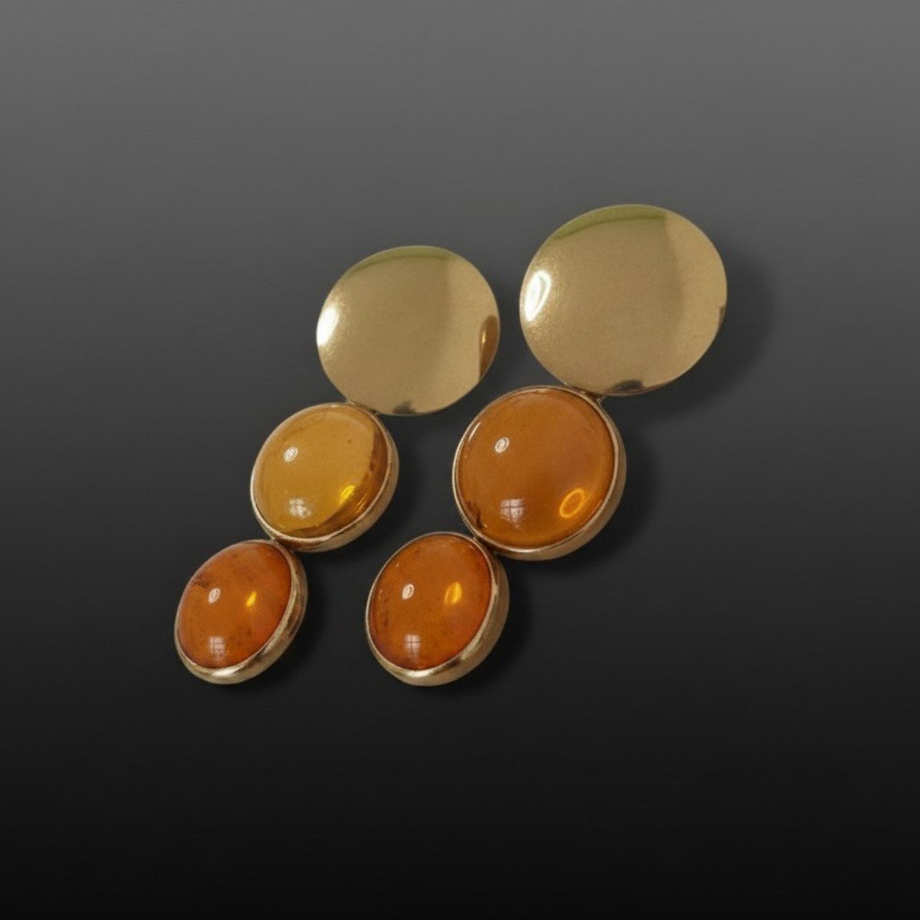 Boucles d’oreilles en or 18 carats et ambre miel-cognac en cascade-photo-2