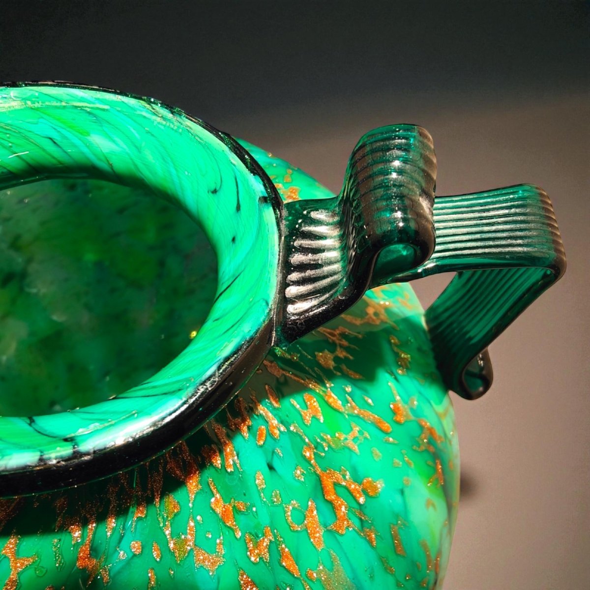 F.lli Toso Murano Green Blown-glass Bowl Vase With Aventurine And Lattimo Glass, Circa 1930-photo-4