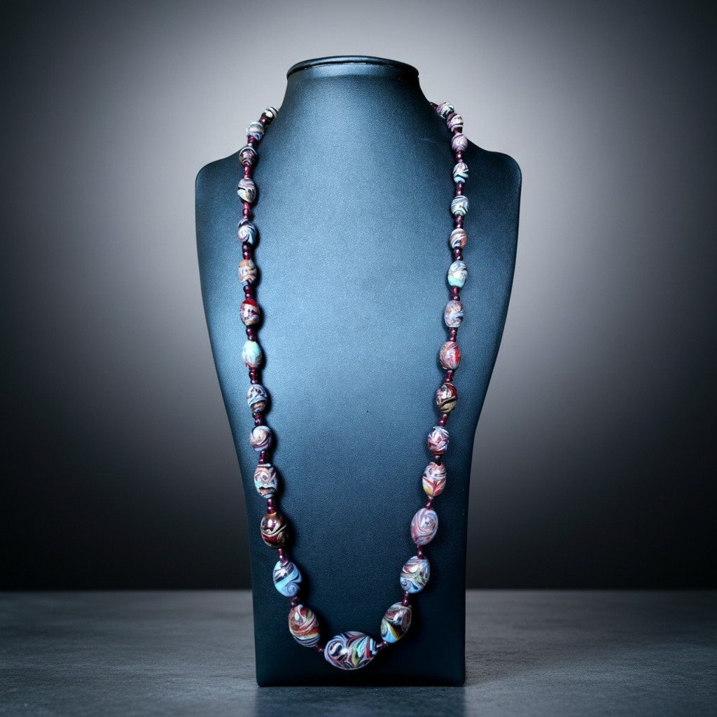 Elegant Antique Necklace Of Polychrome Glass Beads With Gold Aventurine-photo-2