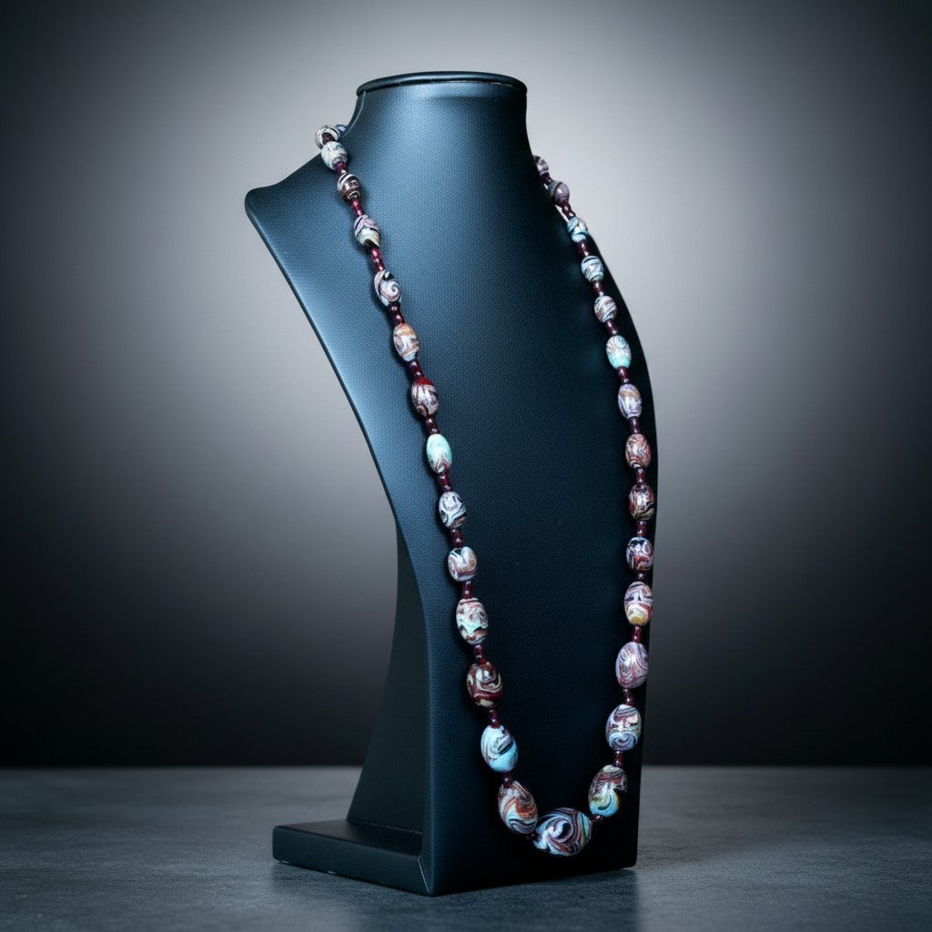 Elegant Antique Necklace Of Polychrome Glass Beads With Gold Aventurine-photo-3