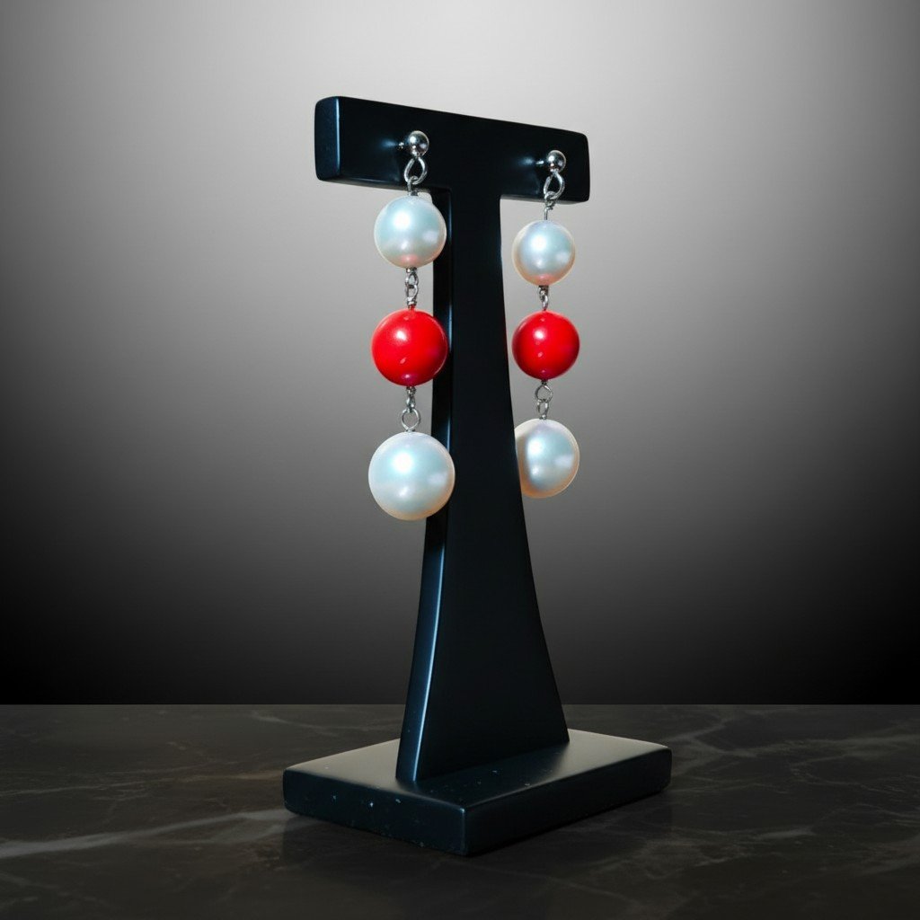 Boucles d’oreilles pendantes en or 18 carats, Perles australiennes et Corail rouge-photo-3