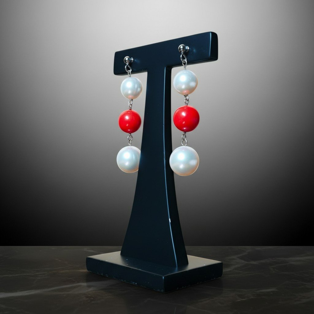 Boucles d’oreilles pendantes en or 18 carats, Perles australiennes et Corail rouge-photo-4