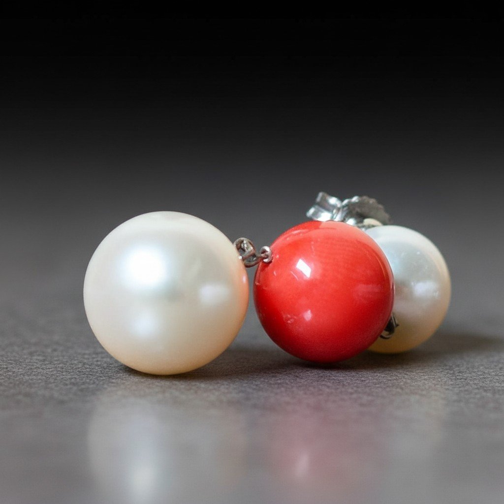 Boucles d’oreilles pendantes en or 18 carats, Perles australiennes et Corail rouge-photo-1