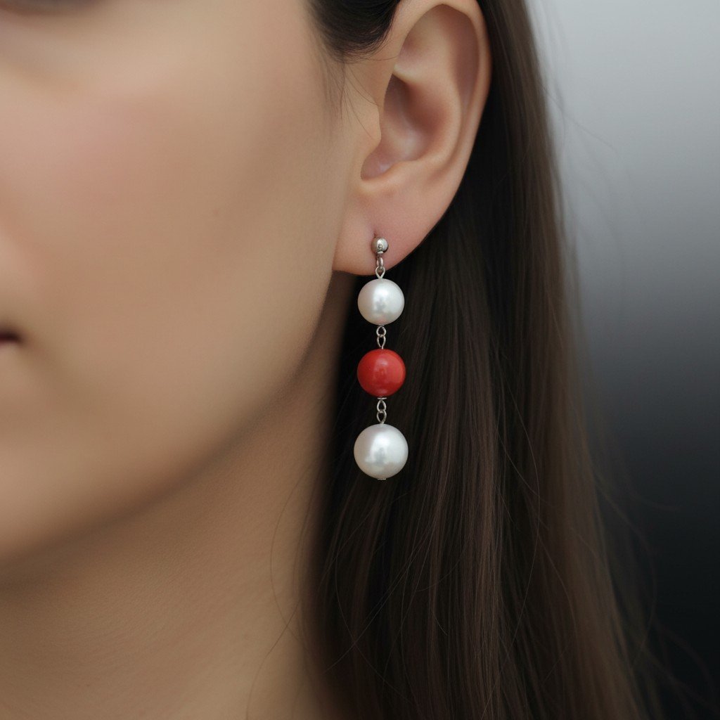 Boucles d’oreilles pendantes en or 18 carats, Perles australiennes et Corail rouge